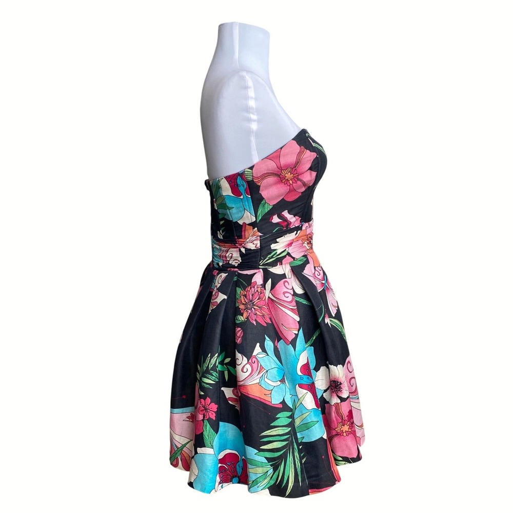 Y2K BEBE Linen Silk Floral Strapless Mini Dress Size XS Black‎ Party Cocktail - Picture 2 of 10